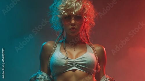 Strong woman in neon light with intense gaze