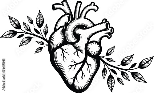 Black and white anatomical heart illustration with floral elements