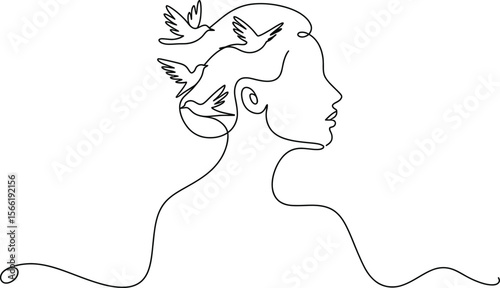 Woman's Profile with Birds Line Art Illustration face