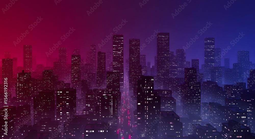 Fototapeta premium Cityscape lights illuminate urban skyscrapers at night in a vibrant gradient of red and blue colors.