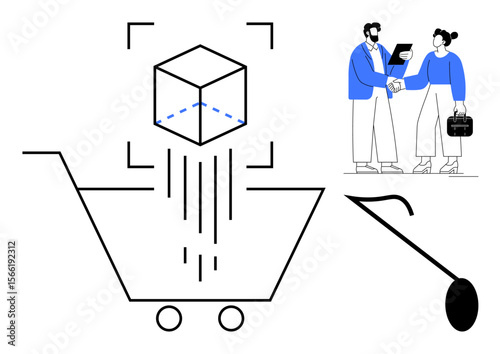 Cube representing a product enters a shopping cart, people shaking hands signifying partnership, and a magnifying glass. Ideal for e-commerce, business collaboration, 3D modeling, product design