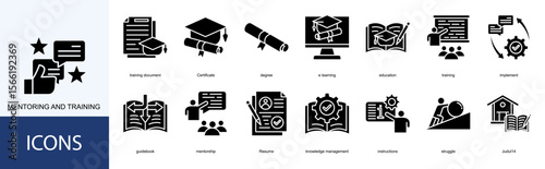 MENTORING AND TRAINING icon collection set. Containing Certificate, degree, e learning, education, training, implement icon