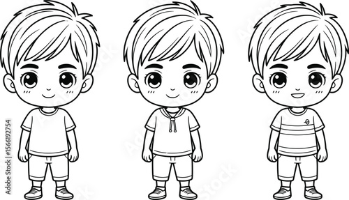 Three Cartoon Boys in Outfits Black and White Illustration