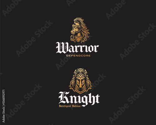 vintage medieval spartan horse head armor logo template for business