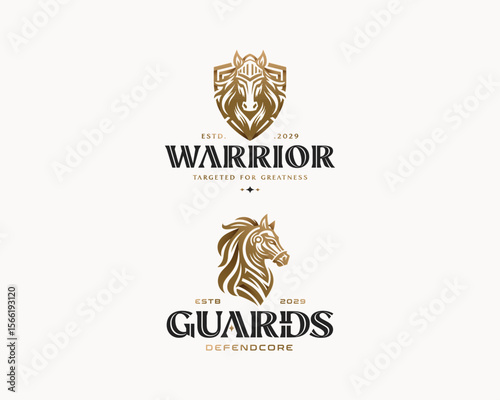 vintage medieval spartan horse head armor logo template for business