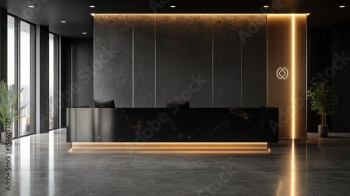 Modern, dark reception desk in spacious office