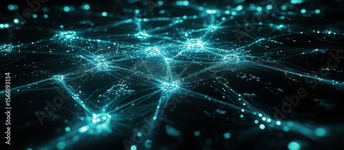 Abstract network of glowing turquoise lines and points on a dark background