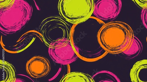 Bold, bright circles and swirled lines on dark background