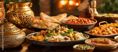 Array of colorful Indian dishes, displayed on ornate platters