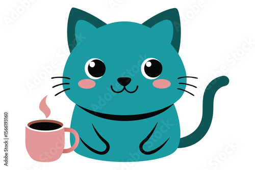 Adorable cartoon cat enjoying a hot coffee mug on a clean white background