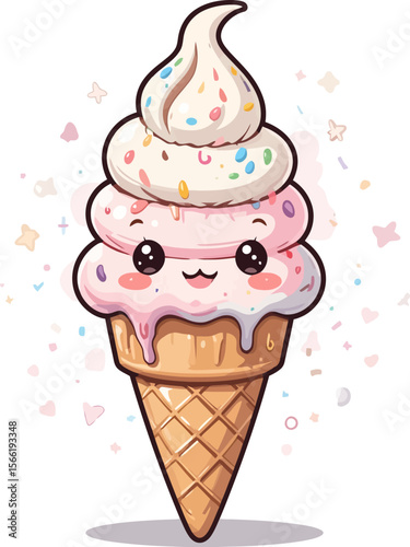 Kawaii Ice Cream Cone with Sprinkles Vector on White or Transparent Background