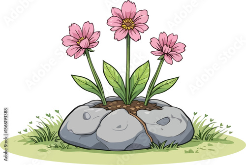 Blooming Resilience: Flowers in Stone Vector on White or Transparent Background