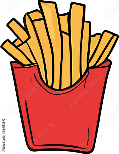 Crispy Cartoon French Fries in Red Carton Vector on White or Transparent Background