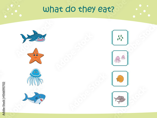 What do they eat matching game for kids with cute wild animals. activity page for kindergarteen and preschool. Vector illustration