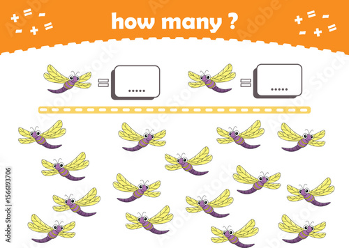 Math game for kids. Count how many animals are turned left and how many are turned right. Vector Illustration