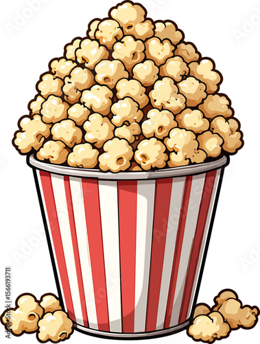 Delicious Popcorn in Striped Bucket Vector on White or Transparent Background