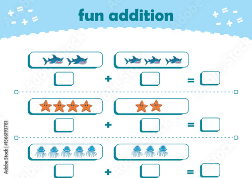 Game for children fun addition by counting cute wild animals pictures printable worksheet vector