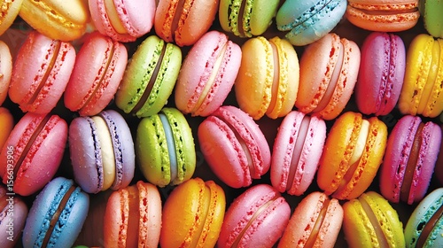 17. Assortment of colorful macarons in a patisserie display, perfectly shaped and delicately colored