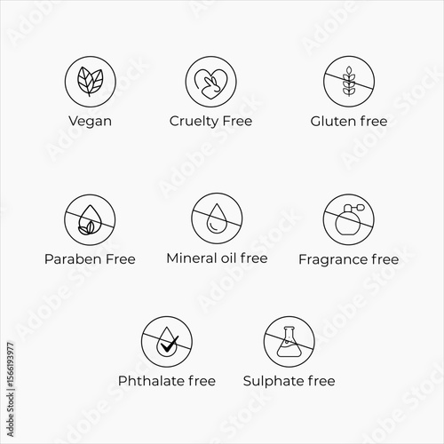 VEGAN CRUELTY FREE GLUTEN FREE PARABEN FREE MINERAL OIL FREE FRAGRANCE FREE PHTHALE FREE SULPHATE FREE VECTOR SIGN