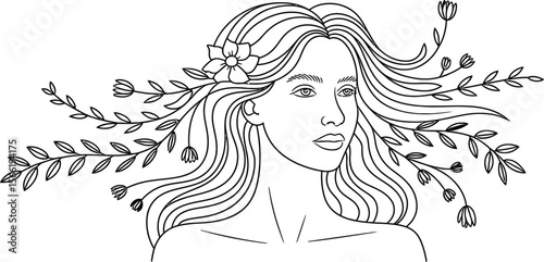 Woman with flowing hair and floral elements outlined in black on white