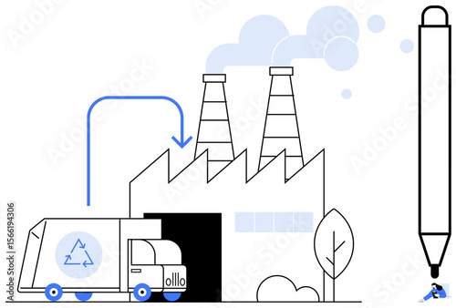 Recycling truck carrying waste enters a factory with steaming chimneys, surrounded by minimalistic nature elements. Ideal for sustainability, industry, recycling, environment, eco-production