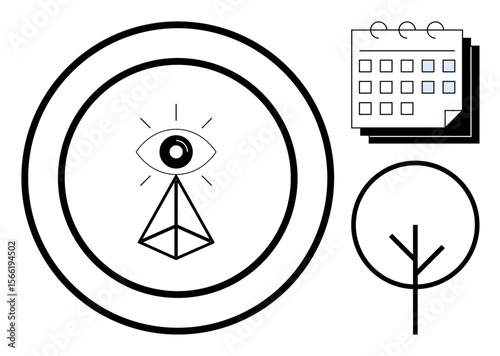 Central pyramid with an eye surrounded by concentric circles, minimal tree, and a calendar. Ideal for vision, planning, growth, minimalism, focus, design future and simple flat metaphor