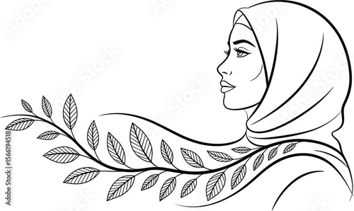 Black and white illustration of a woman in a hijab with leaves