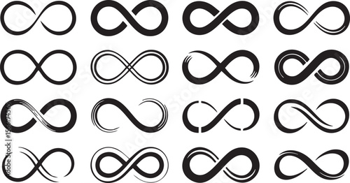 Various infinity symbols in black on white background loop endless