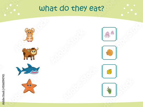 What do they eat matching game for kids with cute wild animals. activity page for kindergarteen and preschool. Vector illustration