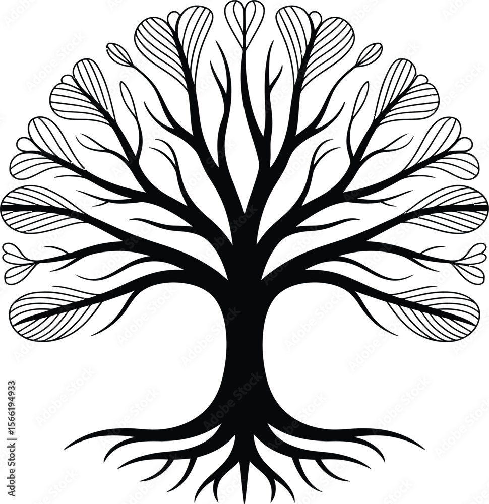Obraz premium Black and White Tree Illustration with Leaf- Shaped Elements