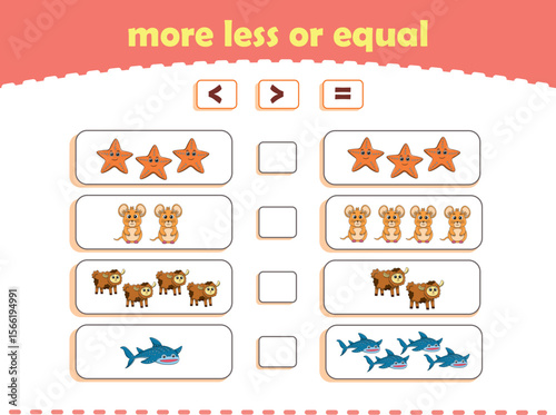 More, less or equal. Count the amount of cute wild animals. Educational math game for kids. Vector Illustration