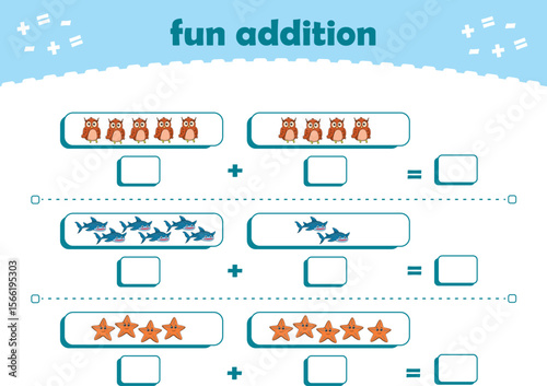 Game for children fun addition by counting cute wild animals pictures printable worksheet vector