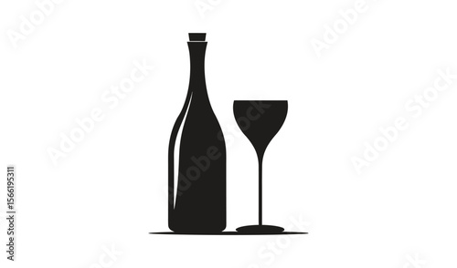 Simple black silhouette of a wine bottle and a wine glass on a white background