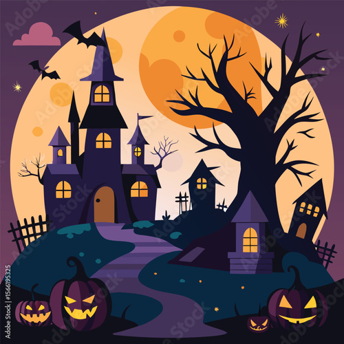Mysterious haunted village illustration on beige