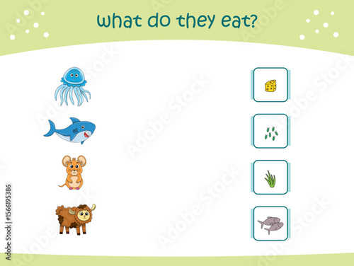 What do they eat matching game for kids with cute wild animals. activity page for kindergarteen and preschool. Vector illustration
