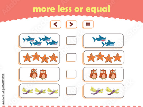 More, less or equal. Count the amount of cute wild animals. Educational math game for kids. Vector Illustration