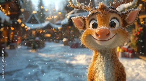 Animated reindeer in a snowy winter scene.