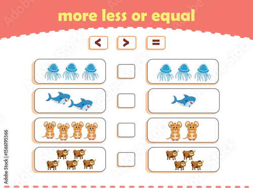 More, less or equal. Count the amount of cute wild animals. Educational math game for kids. Vector Illustration