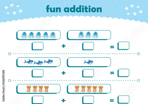 Game for children fun addition by counting cute wild animals pictures printable worksheet vector