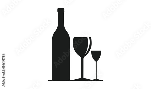 Simple black silhouette of a wine bottle and two wine glasses on a white background