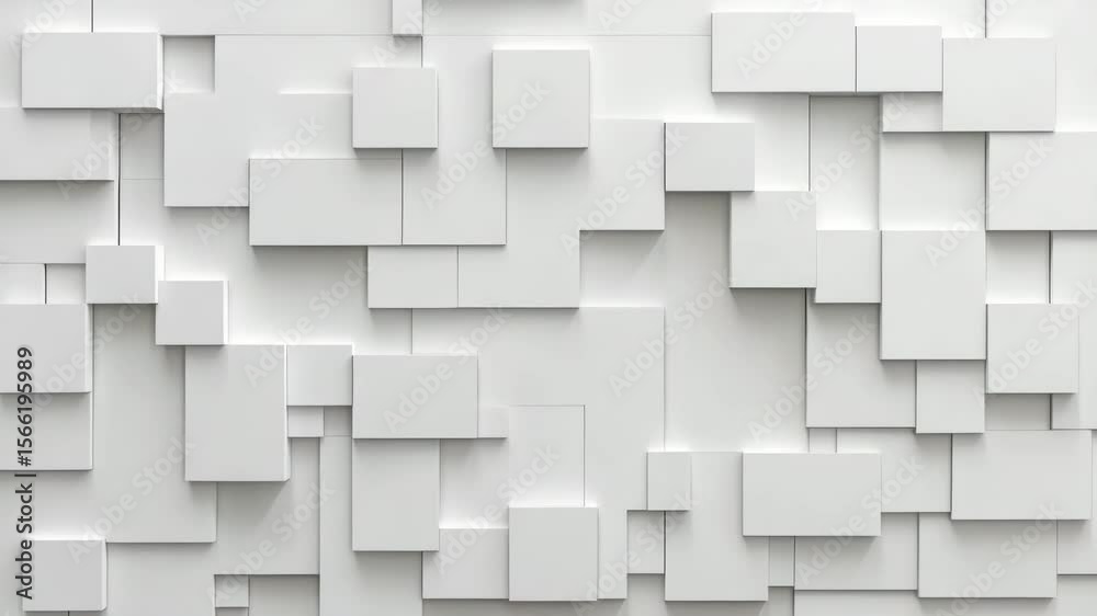 Abstract geometric pattern featuring white rectangular shapes and texture on wall design, modern 3D overlapping shapes creating clean architectural feel with depth and structure