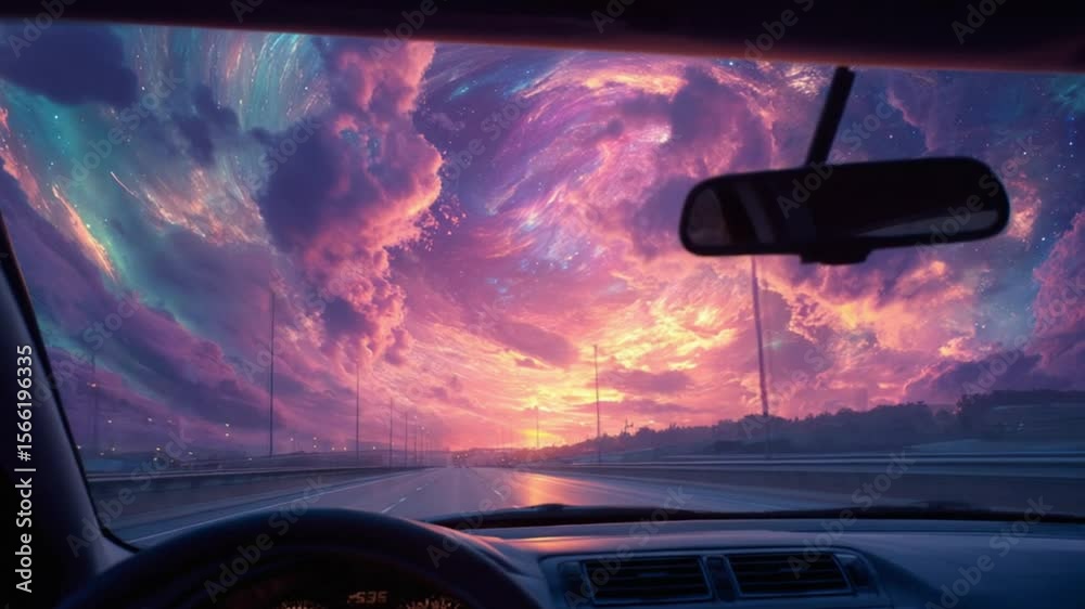 Animate a dreamlike highway road trip through a golden galaxy sky The car moves forward as the stars twinkle and nebulae flow gently Slight camera motion  seconds slow dreamy pace lo