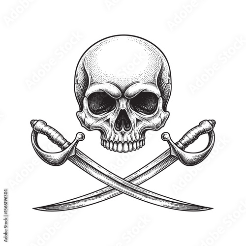 Pirate Skull and Crossed Swords Vector Engraving Illustration