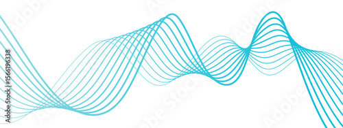 Abstract wave with smooth, flowing cyan-blue curved lines on a white background. Lines form rhythmic with waveforms overlap and intertwine symmetrical, airy, and futuristic pattern. 