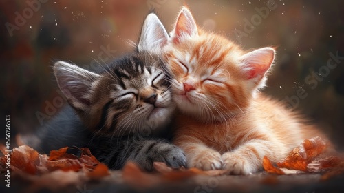 Two kittens snuggle together on autumn leaves.