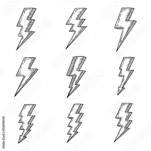 Set of Stylized Lightning Bolts Vector Engraving