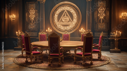 Luxurious Round Table Room Illuminated by Ornate Symbol of the Eye
