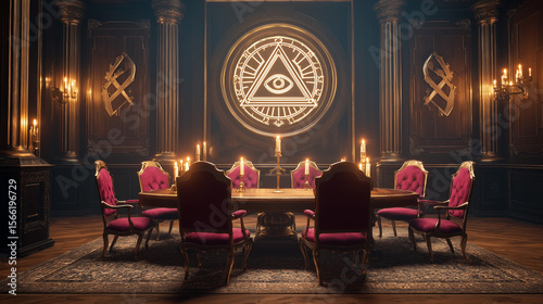 Luxurious Round Table Room Illuminated by Ornate Symbol of the Eye
