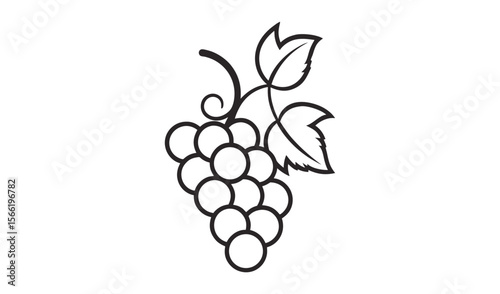 Simple black line art illustration of a bunch of grapes with two leaves and a curling vine on a white background