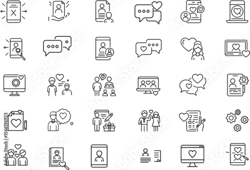 Line icons of social media interactions and communication tools  